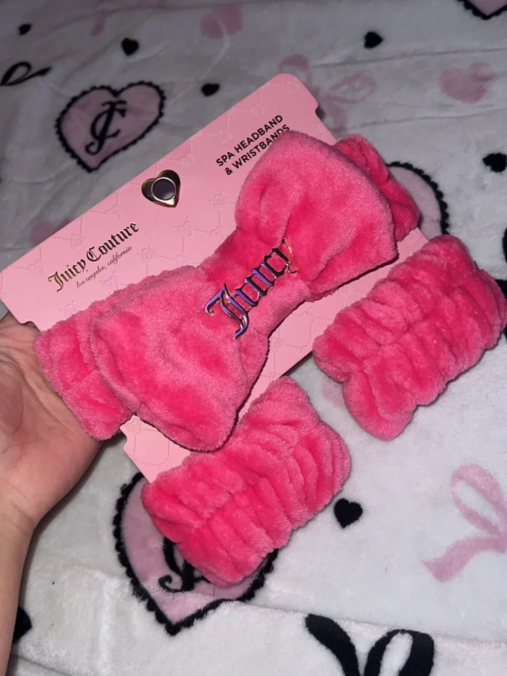 Juicy Couture Hot Pink Plush Spa Headband & Wristband Set with Gold Logo
